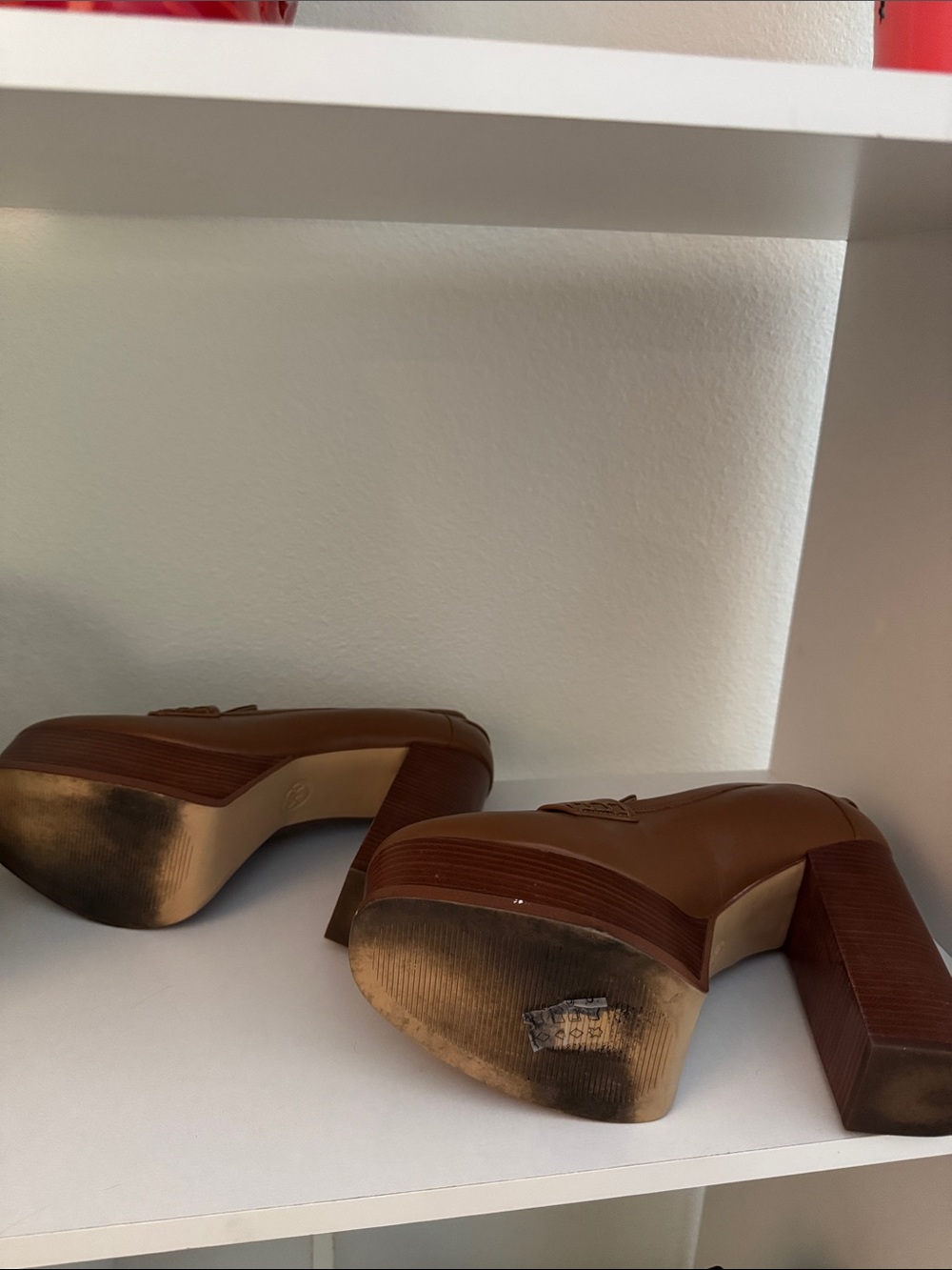 Michael Kors Brown Leather Platform Penny Loafers with Gold MK Accent - Picture 6 of 7